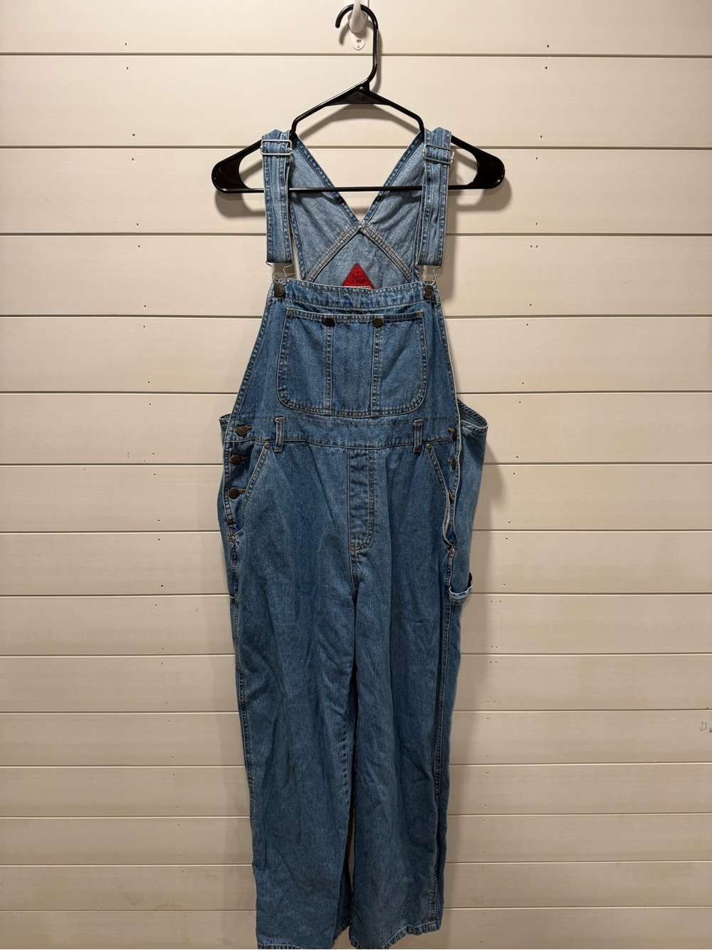 No Boundaries Light Blue Denim Overalls with Red Accent